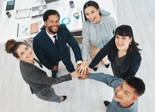 Preview: Collaboration, portrait and hands of business people in support of vision, growth and training abov
