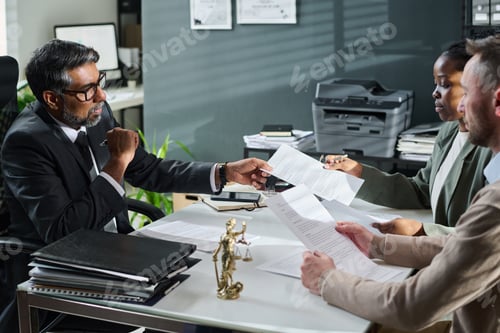 Preview: Woman passing paper document to lawyer