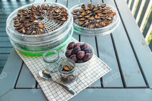 Preview: Plums dried in a dehydrator. Selective focus.