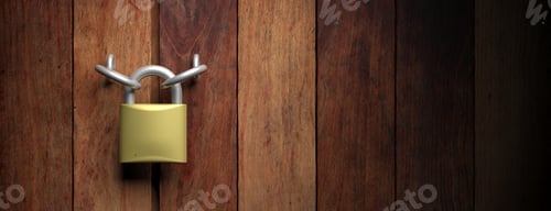 Preview: Padlock on wooden door background. 3d illustration
