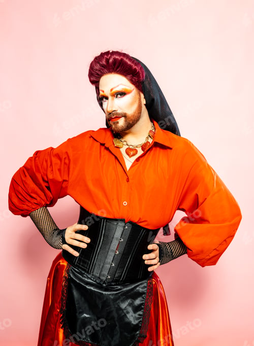 Preview: Crossdreser Man Wearing Orange Shirt and Black Skirt