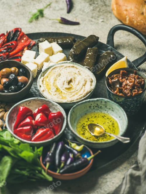 Preview: Mediterranean or Middle Eastern meze starter fingerfood platter in tray