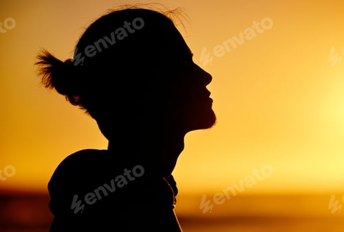 Preview: Man silhouette, sunset and peace with meditation, orange sky mockup and zen outdoor, nature and fac