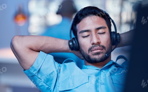 Preview: Security guard, sleeping and man by screen relax on the job for building protection. Surveillance,