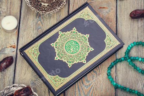 Preview: Table top view aerial image of decoration Ramadan Kareem holiday background.Flat lay