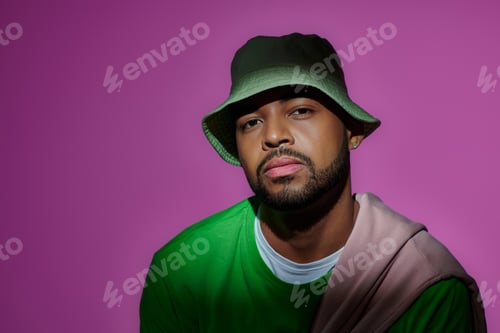 Preview: good looking man in green panama with earring on purple backdrop looking at camera, fashion concept