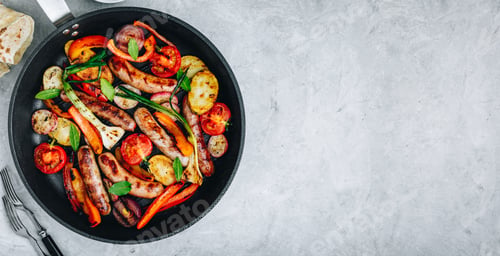 Preview: Grilled vegetables and sausages in cast iron pan