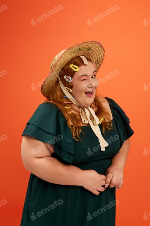 Preview: A joyful plus size woman showcases her vibrant style with a straw hat and bright accessories