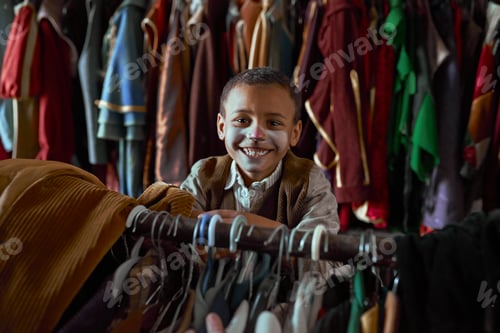 Preview: A cheerful boy peeking through racks of colorful clothing