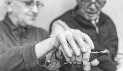 Preview: Old couple holding each others hands on the cane