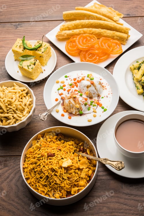 Preview: Group of Gujarati snacks food from India