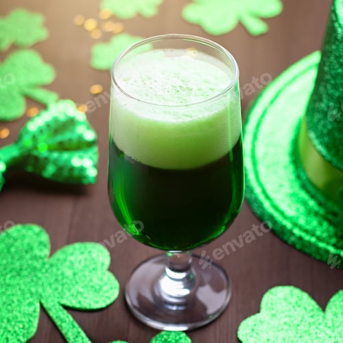 Preview: Saint Patrick's Day greeting card with glass of green beer, traditional symbols