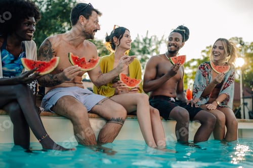 Preview: Friends eating watermelon slices at the edge of a pool during summer vacation