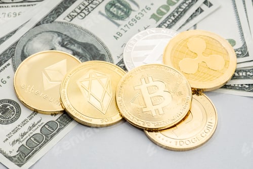 Preview: Group of cryptocurrency coin on dollar banknotes background