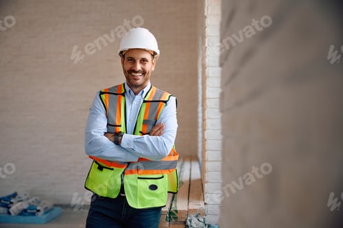 Preview: Portrait of happy civil engineer with arms crossed at construction site.