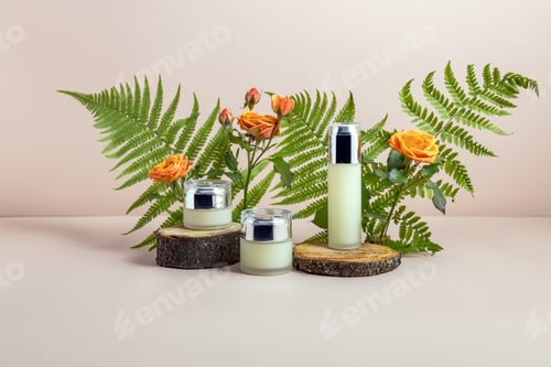 Preview: glass cosmetic bottles on a wooden podium surrounded by fern leaves and rose flowers