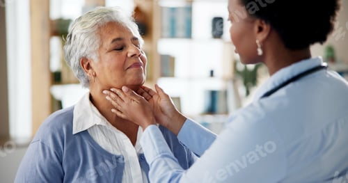 Preview: Hospital, sore throat and doctor with senior woman for medical service, help and treatment. Healthc