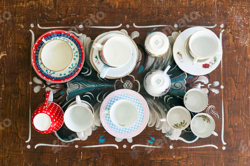 Preview: Top view of various tea cups and saucers on wooden table