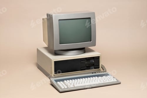 Preview: Vintage desktop PC representing obsolete technology and innovation on beige background