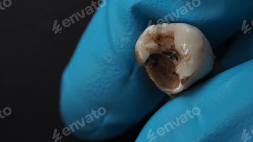Preview: Tooth decay and dentist hand with glove and black background.