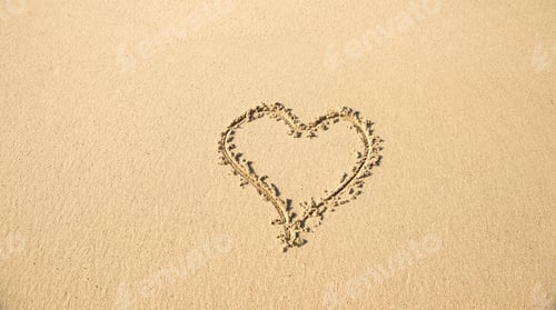 Preview: Heart Drawn In The Sand On The Beach. Romantic Design Element.