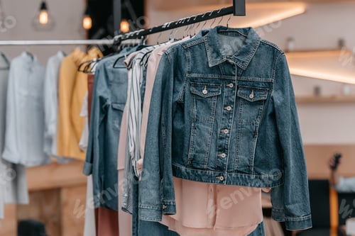 Preview: close-up view of various stylish clothes hanging on hangers in boutique