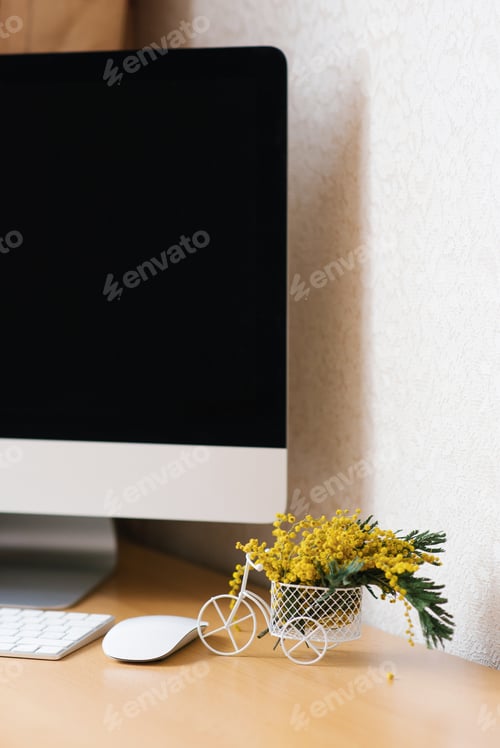 Preview: Home Office with Computer, Bouquet of Mimosa Flowers in Vase