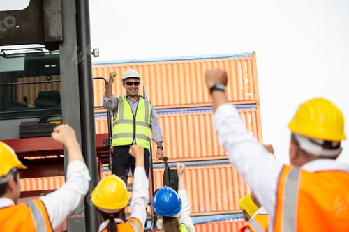 Preview: Logistic manager giving public speech and showing support to construction worker
