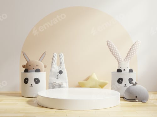 Preview: White podium for product in children room on two tone wall