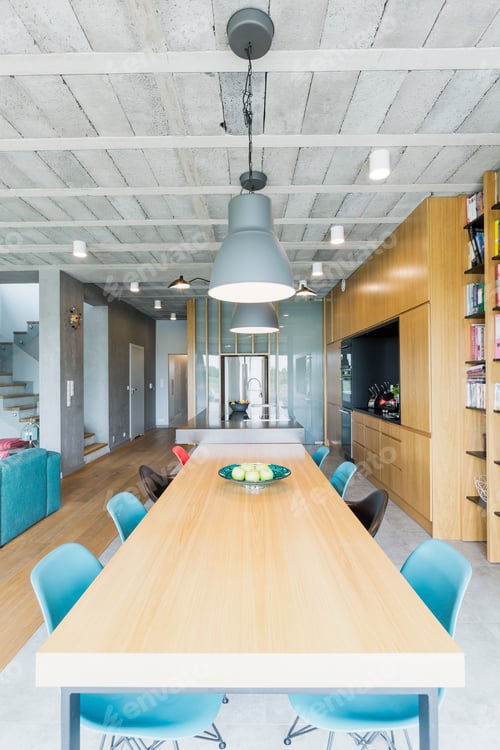 Modern Dining Room Interior with Blue Chairs