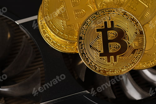 Preview: Gold bitcoins on crypto mining GPU computer hardware