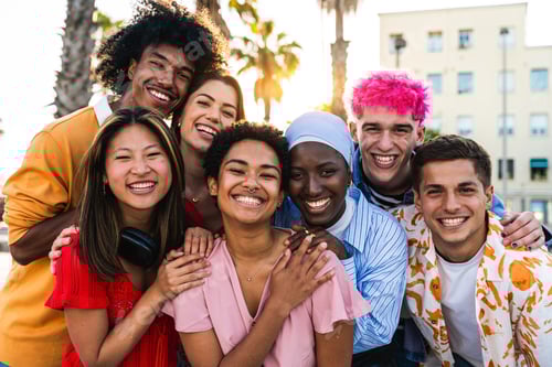 Preview: Multiethnic group of young happy friends hanging out
