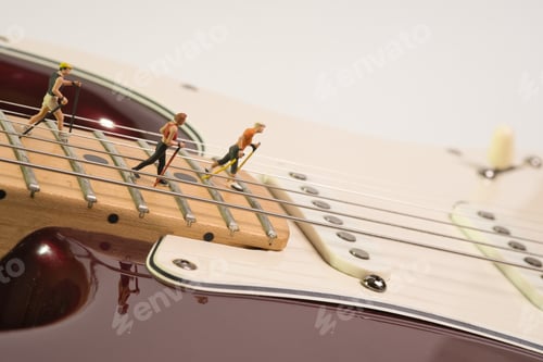 Preview: a group of nordic walking athletes on the neck of an electric guitar while walking
