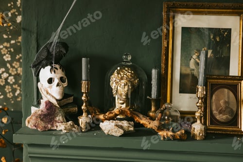 Preview: Halloween party decor in gloomy dark colors with retro photos and skulls