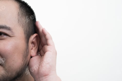 Preview: Close up of Man holds his hand near his ear and listening something isolated on white background