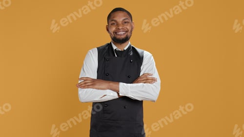 Preview: Portrait of restaurant waiter wearing professional uniform and apron
