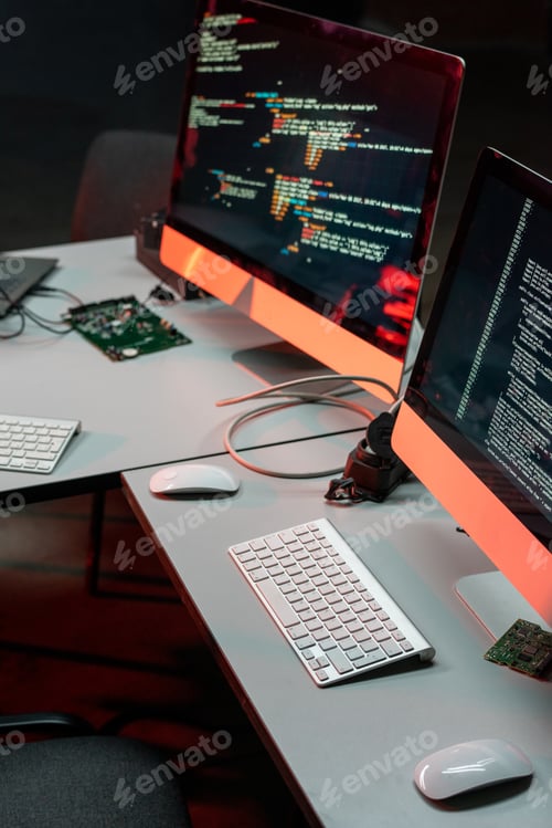 Preview: Two computer monitors with coded data