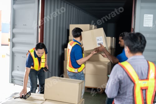 Preview: Workers open steel 40 feet container doors carry box supervisor standing check paper checklist