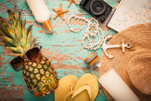 Preview: Summer vacation accessories, travel or vacation concept.