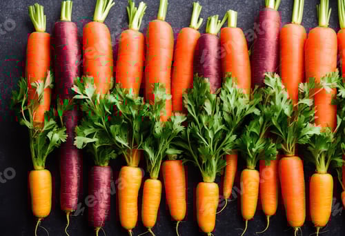 Preview: Top view of bunch of fresh organic carrots on black background