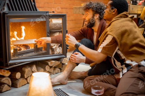 Preview: Two men sitting together by the burning fireplace at cozy home