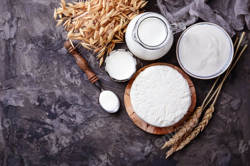 Preview: Tzfat cheese, milk and wheat grains. Symbols of judaic holiday Shavuot