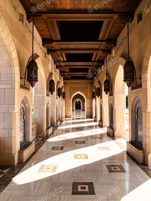 Preview: A stunning corridor with intricate arches, a beautiful tiled floor, and a wooden ceiling.