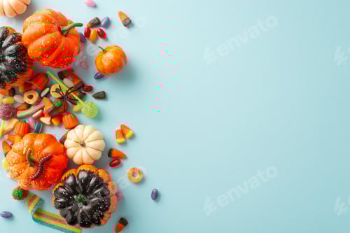 Preview: Delightful Halloween candy collection by kids. Top view picture showcasing a pumpkins