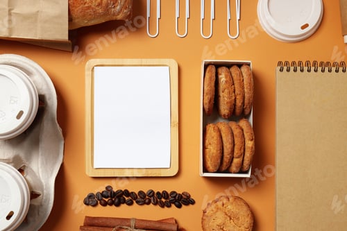 Preview: Mockup flat lay with freelancer accessories on beige background