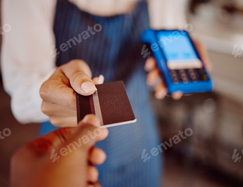 Preview: Credit card, machine and restaurant cashier with customer service for easy, safe and pos payment ha