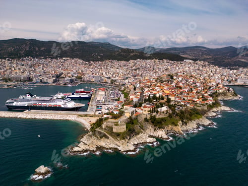 Preview: Aerial view cruise ship in port of Kavala. Visitors can enjoy breathtaking panoramas of the city's