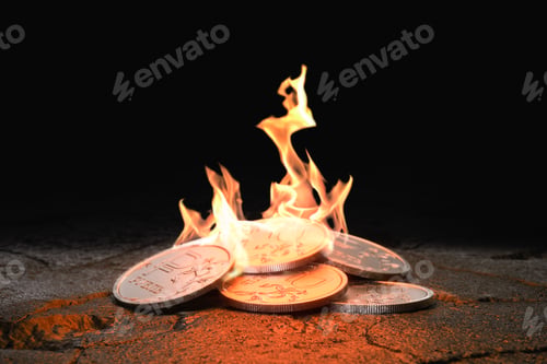 Preview: Russian Ruble coins burning on black background. Concept loss of value and inflation