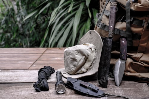 Preview: A knife with equipment for survival in the forest on an old wooden floor