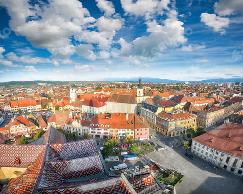 Preview: Amazing View from bell tower of St Mary Cathedral on the Old Town in Sibiu city.